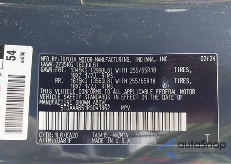 2024 Toyota Grand Highlander Xle z USA, uszkodzony, nr VIN 5TDAAAB51RS041862